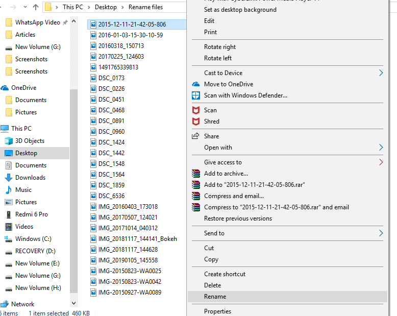 Right-clicking on the first file and selecting the rename