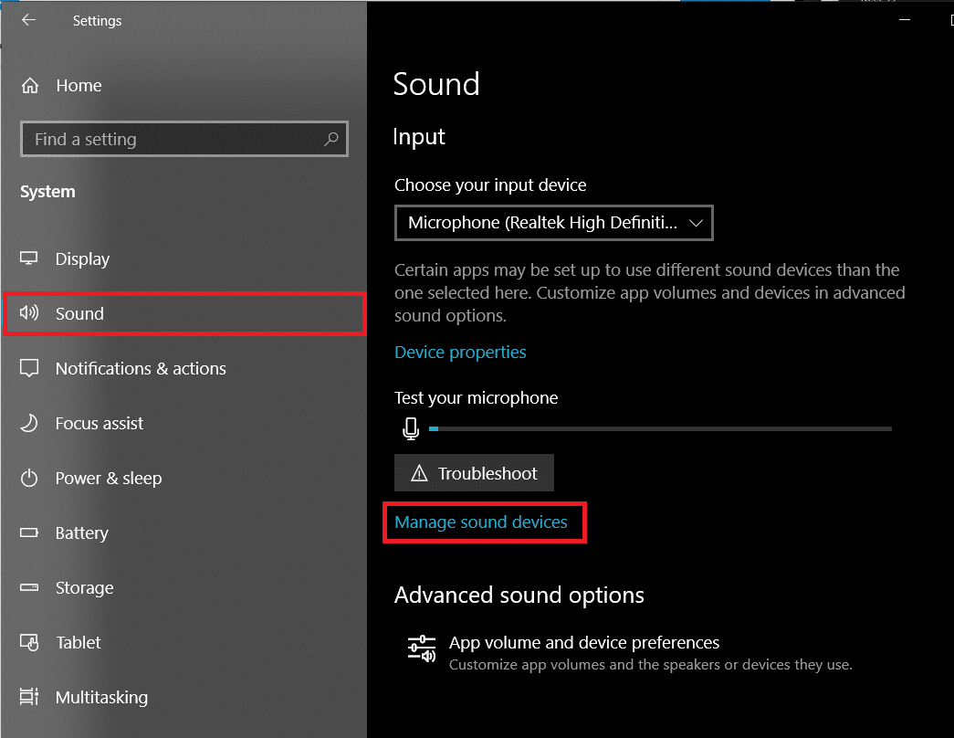 Right-panel, click on Manage Sound Devices under Input | Fix Microsoft Teams Microphone Not Working