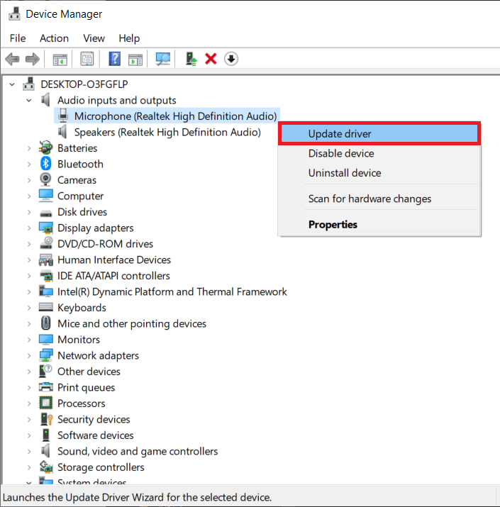 Right—Right-click on Microphone and select Update Driver