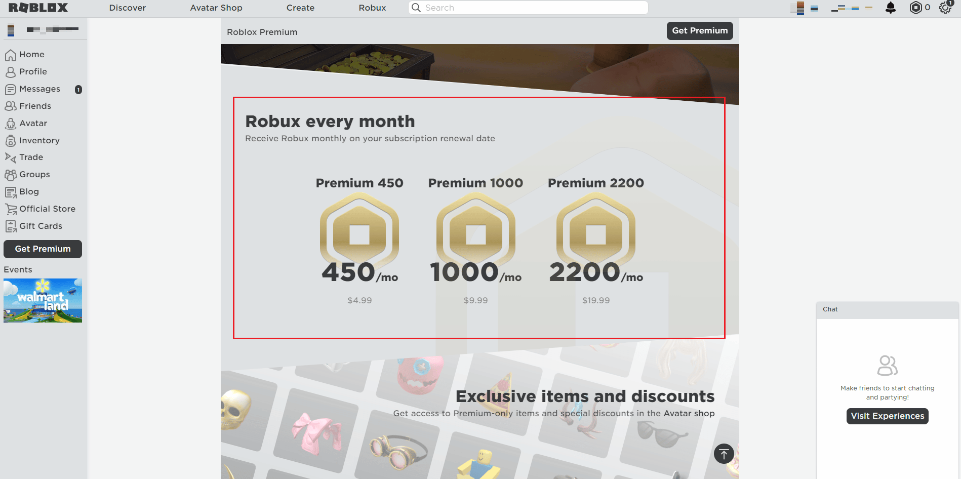Roblox Premium Membership page