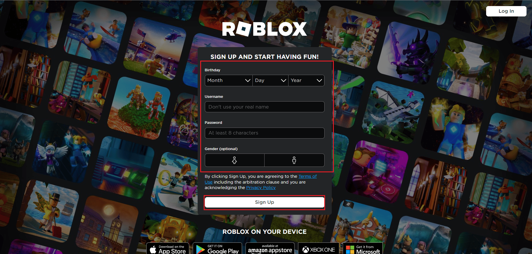 Roblox Sign Up page