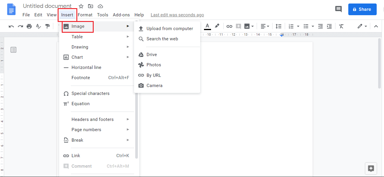 Add an image to Google Docs by Insert > Image