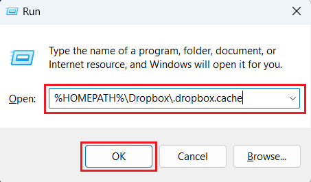 Run dialog box - Dropbox cache folder name path - OK