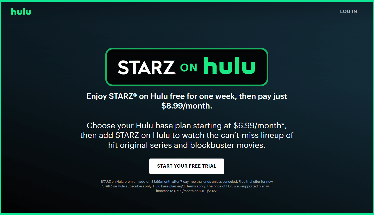 STARZ Hulu Free trial page