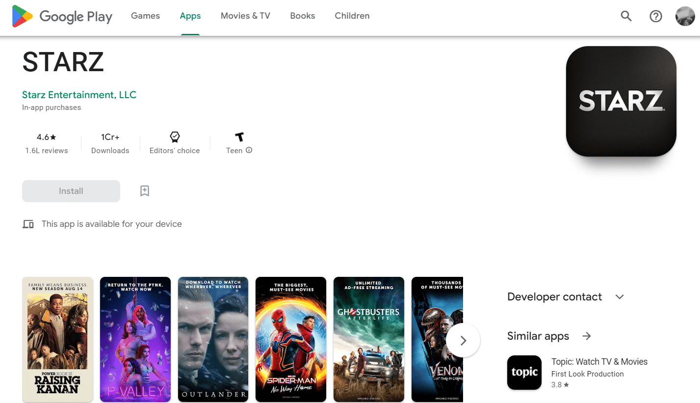 STARZ app Android Play Store