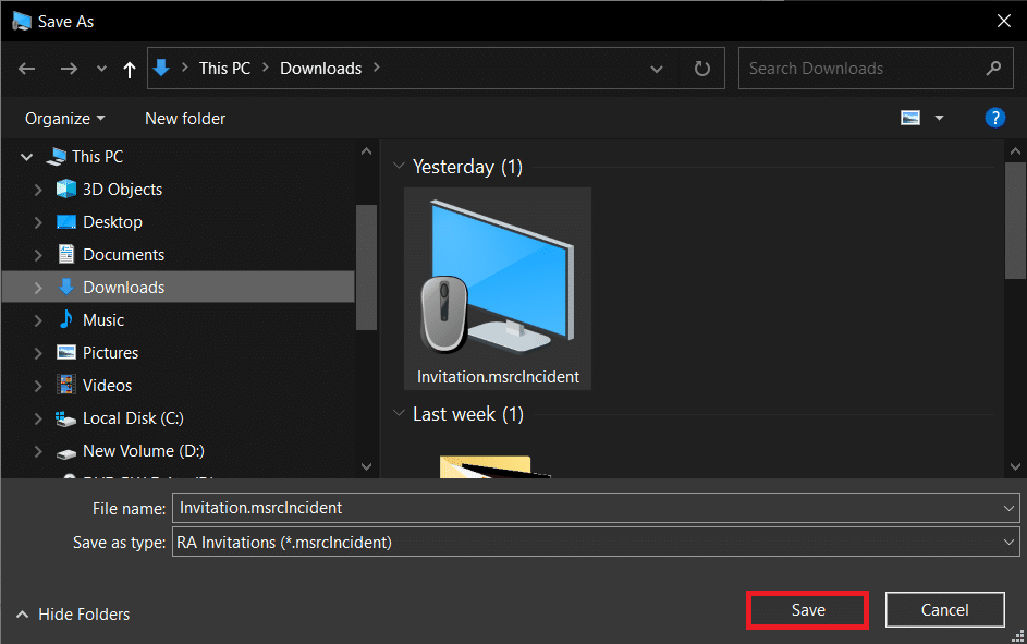 Сохраните файл приглашения в предпочитаемом вами месте. | Исправлено: удаленный рабочий стол не подключается в Windows 10.