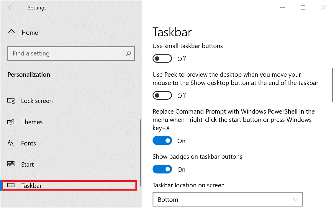 Then, click on the taskbar option from the menu bar that will appear at the left panel. On the right side, taskbar settings will open up.