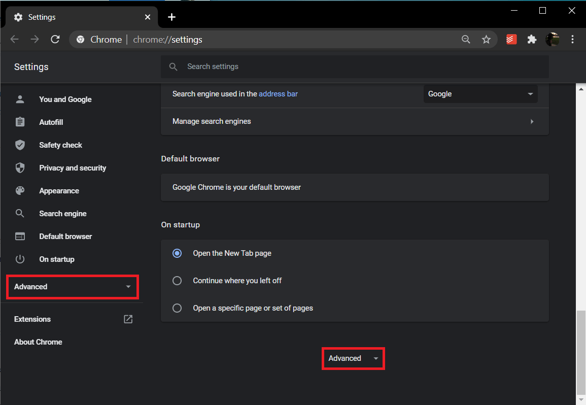 Scroll all the way down to the end of the Settings page and click on Advanced