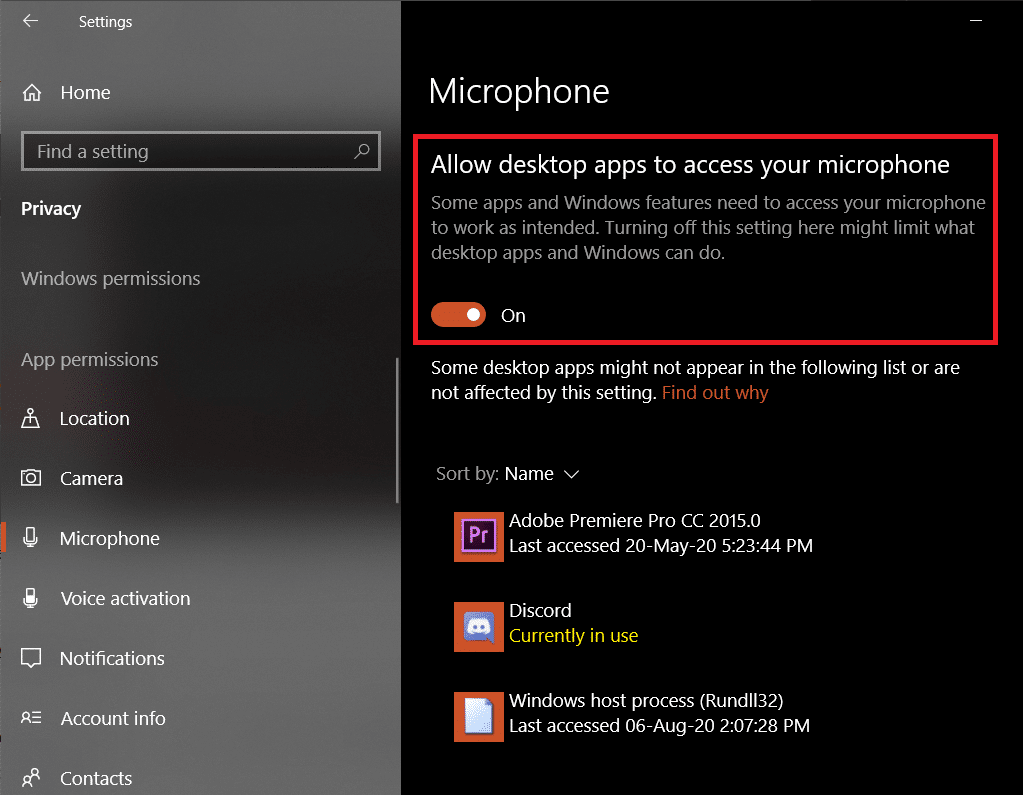 Scroll down and also enable Allow desktop apps to access your microphone