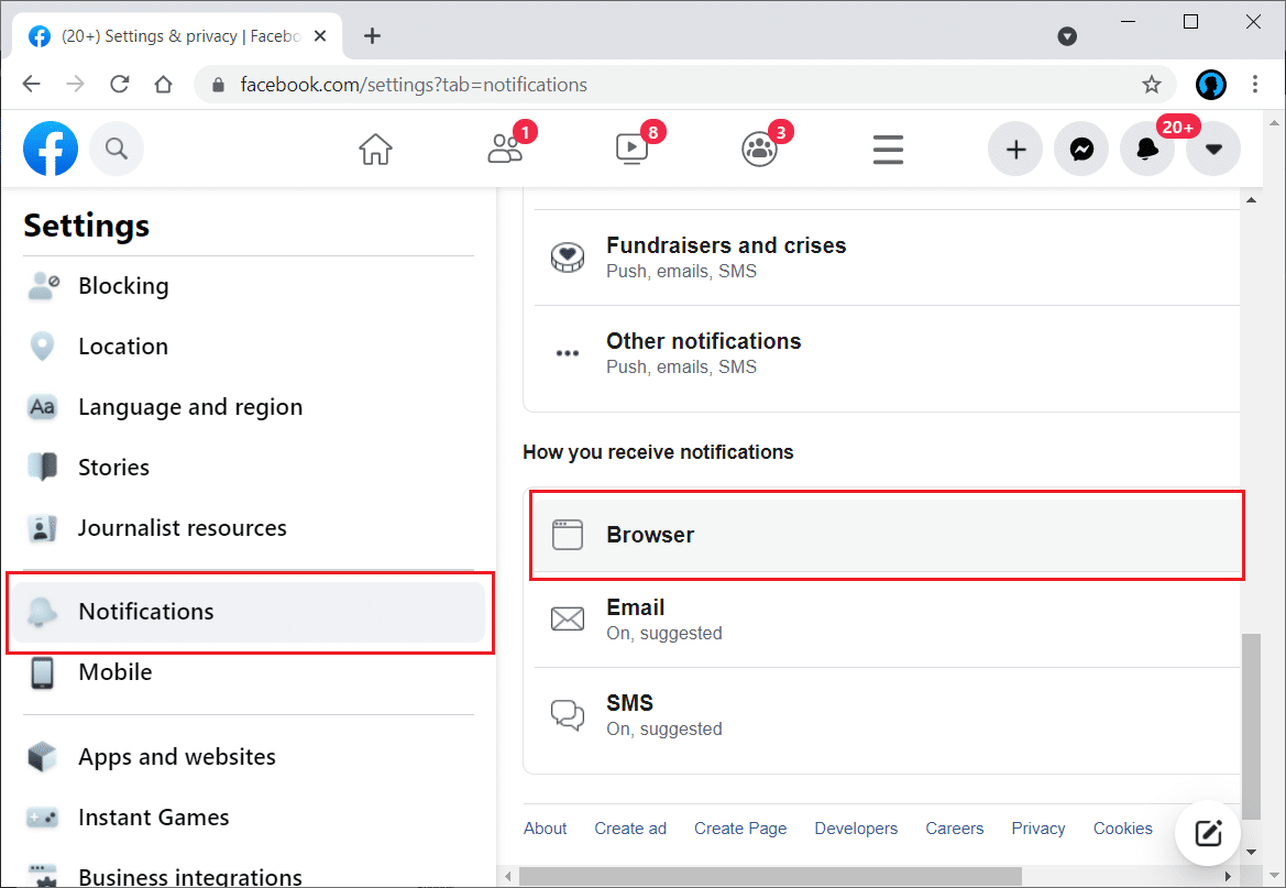 Scroll down and click Notifications from the left panel then select the Browser option