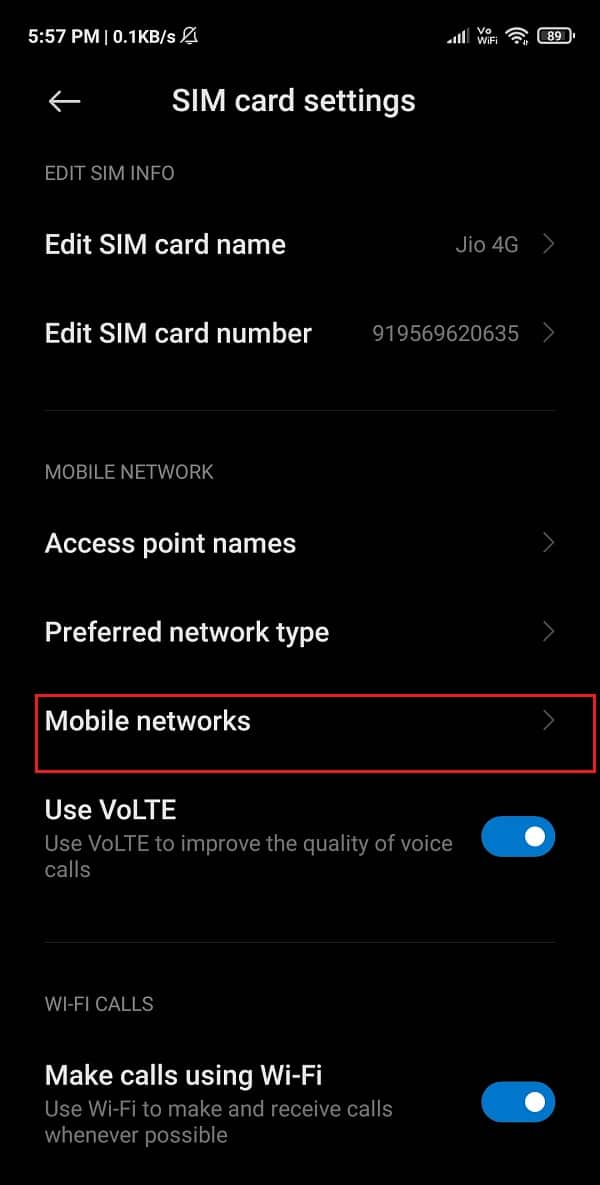 Scroll down and go to the SIM card settings or Mobile Network section