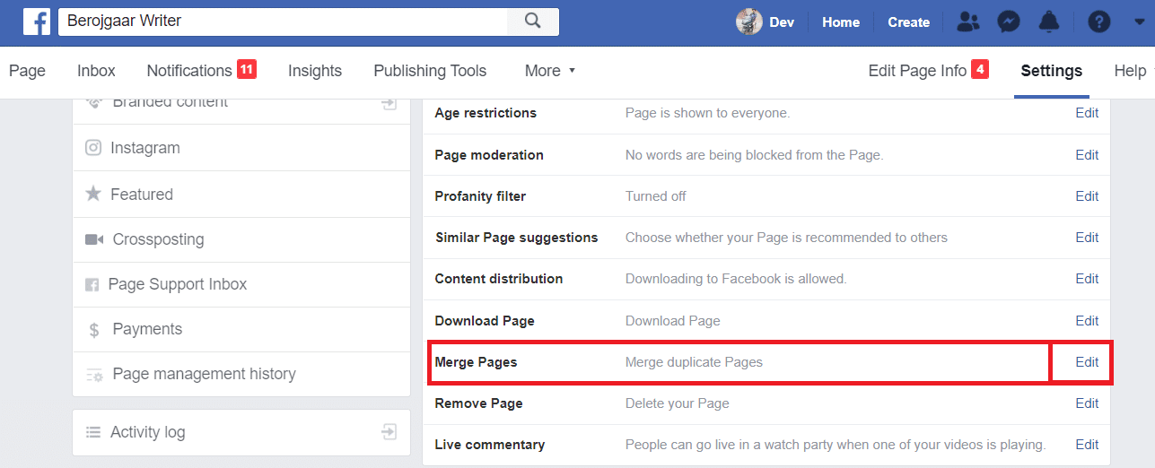 Scroll down and look for the Merge Pages option and click on Edit. Convert your Facebook Profile to a Business Page