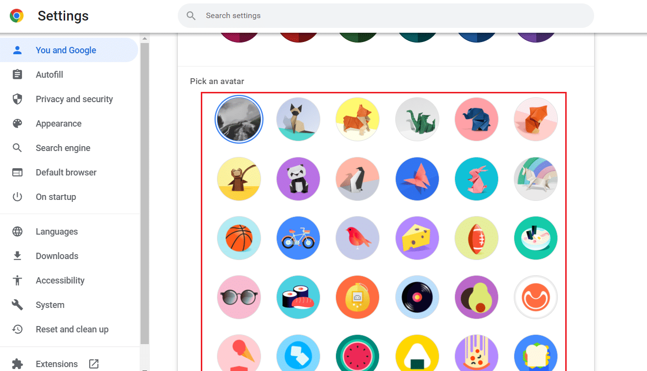 Scroll down and select the desired Chrome avatar from the Pick an avatar section | change the text on your logo