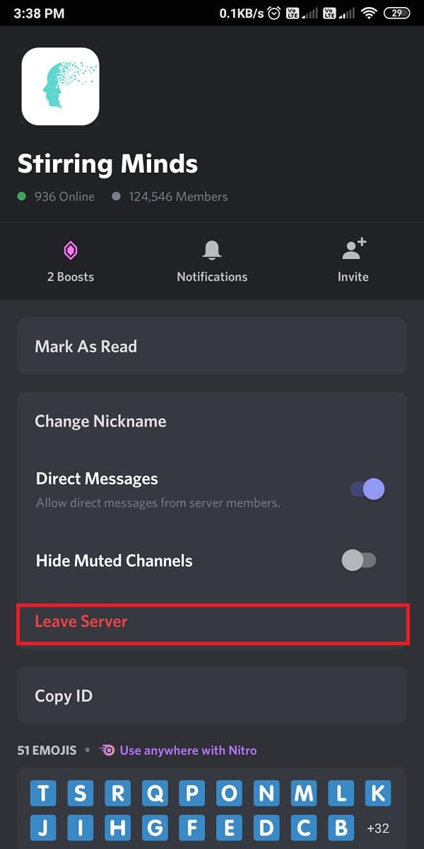 Scroll down and tap on Leave server
