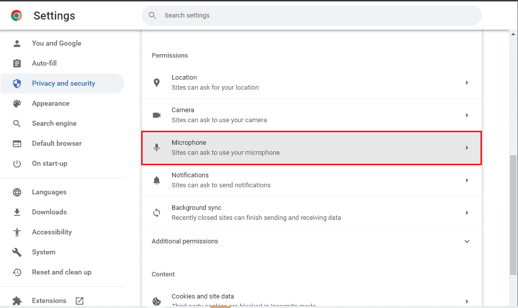 Scroll down the right pane and click on Microphone under Permissions | Fix Your Mic is Muted by System Settings in Google Meet