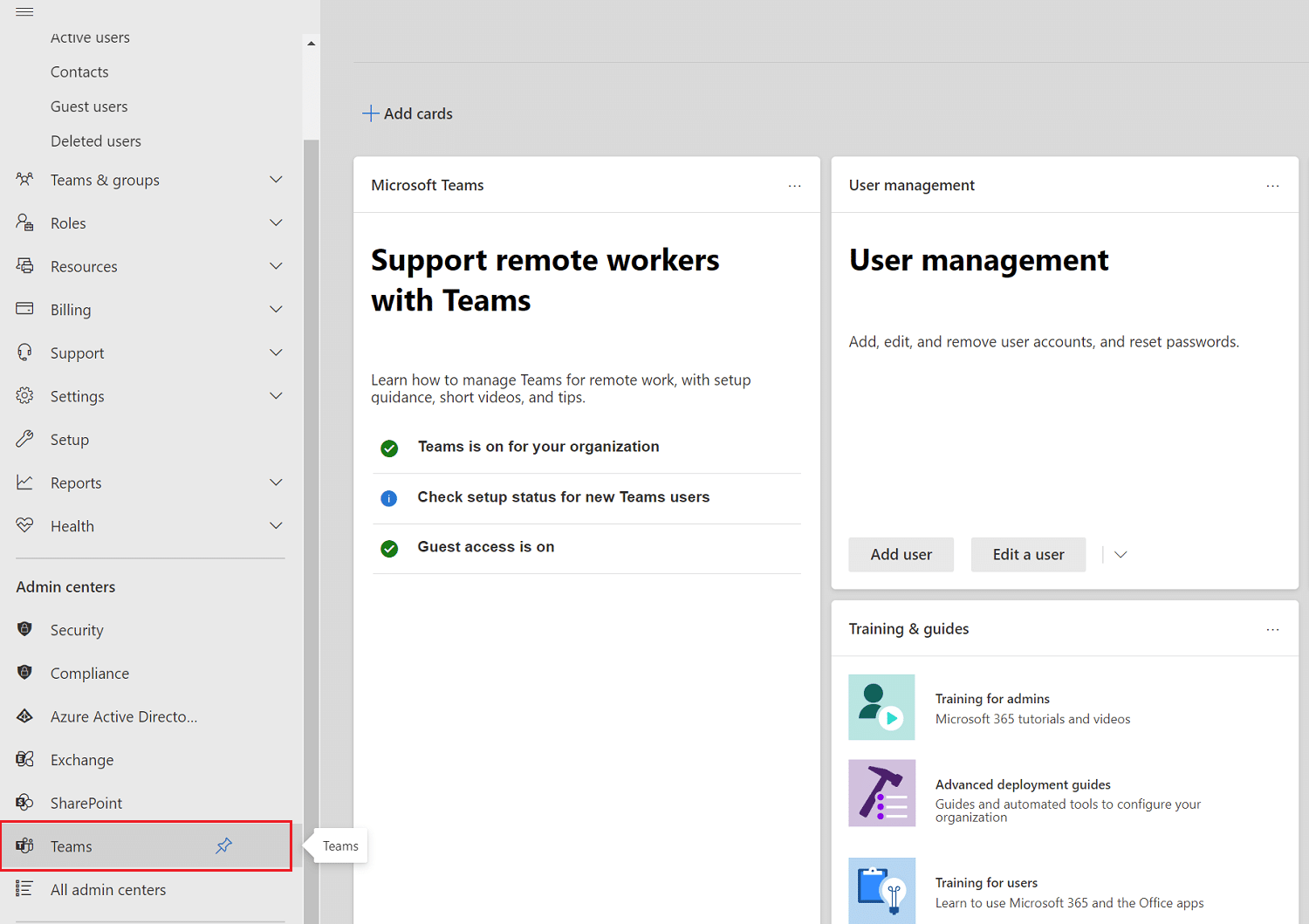 Scroll down to Office 365 Admin Center area in the left pane and click on the Teams