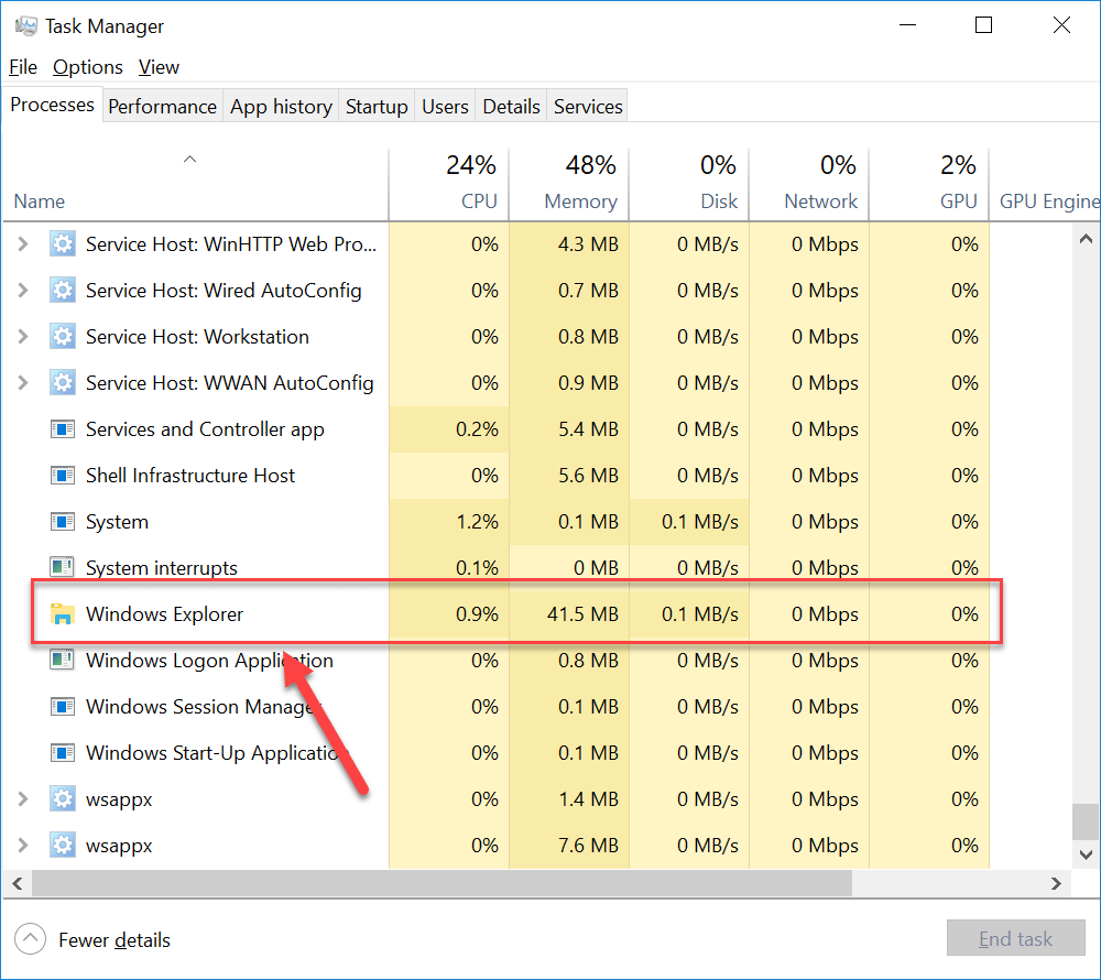 Scroll down to find “Windows Explorer” in the Task Manager Processes