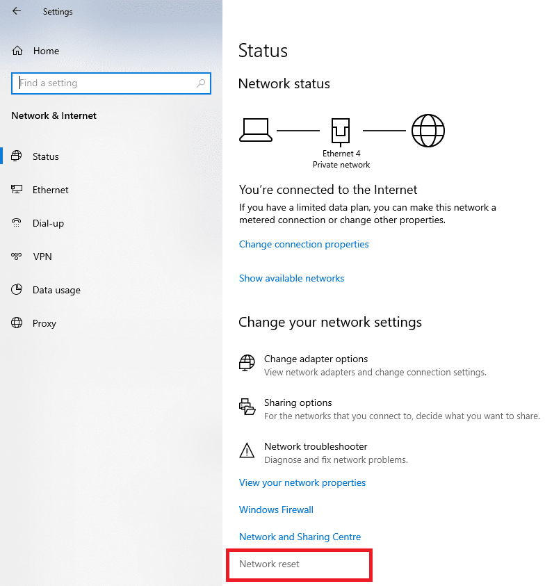 Scroll down to see the option Network Reset and click on it.