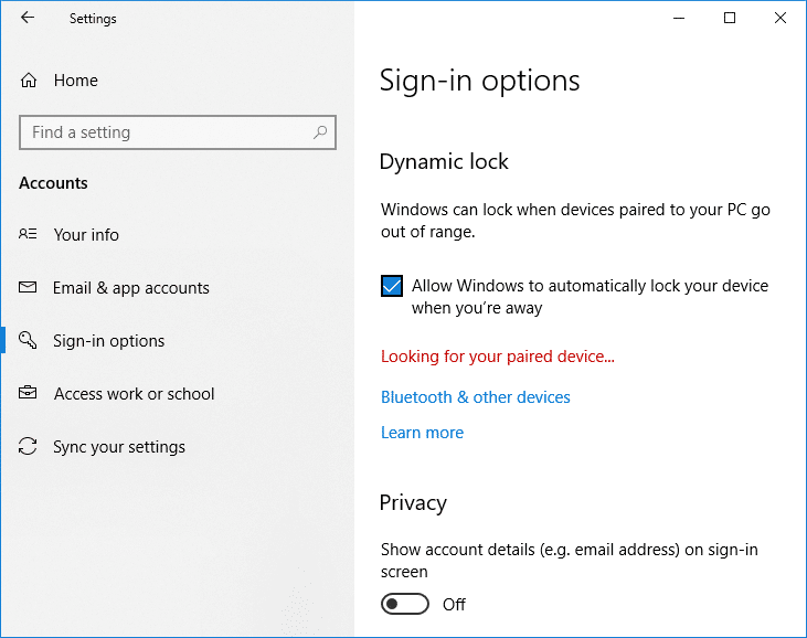Scroll to Dynamic Lock then checkmark Allow Windows to detect when you're away and automatically lock the device
