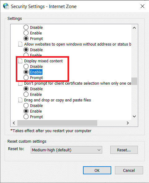 Scroll to find the Display mixed content option and enable it | Fix Can't Connect Securely to this Page Error in Microsoft Edge
