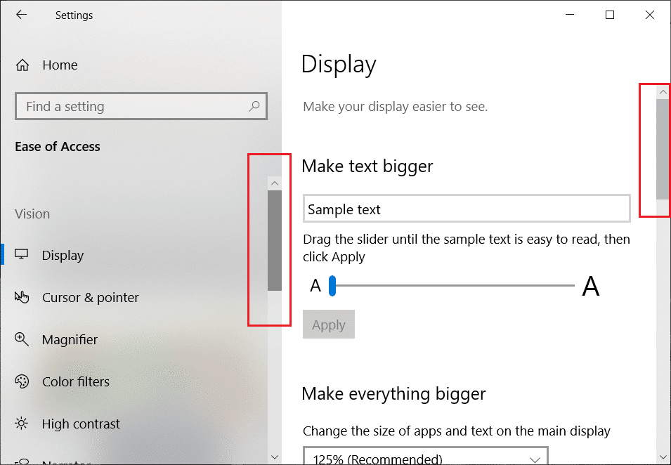 Scrollbar will start appearing under the Settings as well as Windows Store Apps