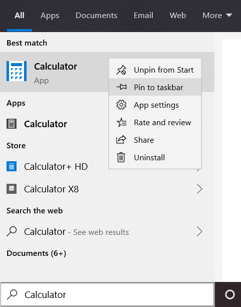 Search for Calculator app in Windows Search bar and then right-click on it and select Pin to taskbar