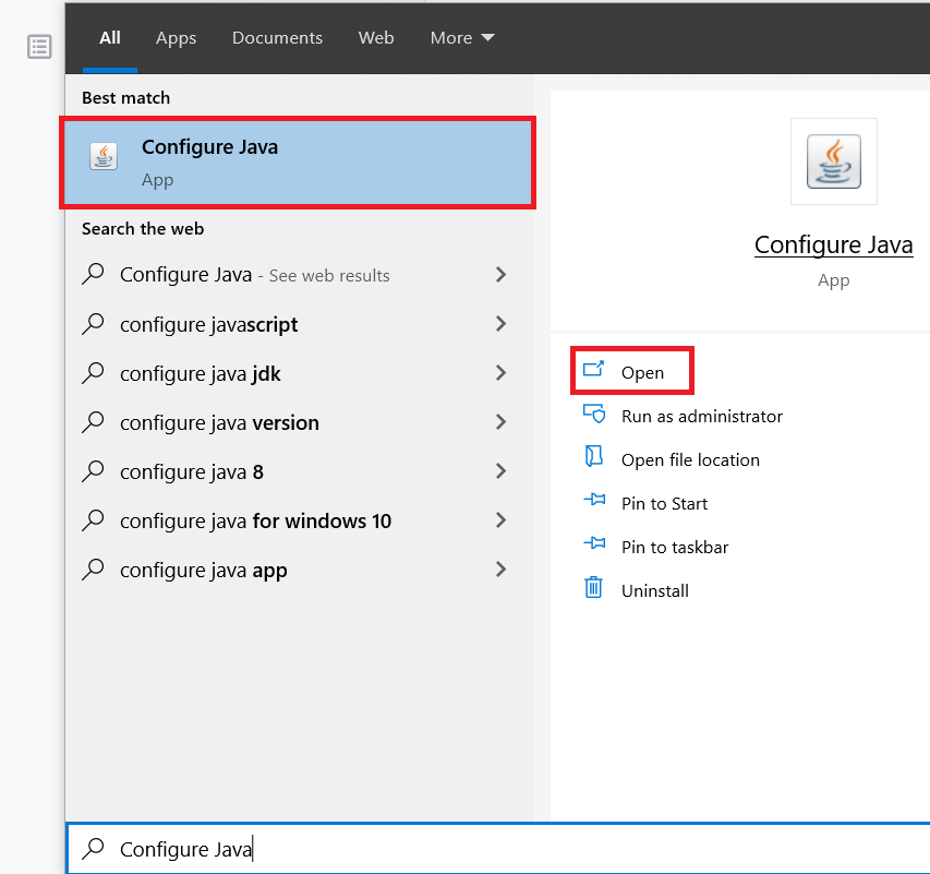 Search for Configure Java and press enter to open | How to Run JAR Files on Windows 10