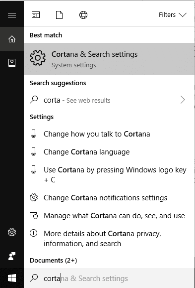 Search for Cortana in Start Menu Search then click Cortana and Search settings