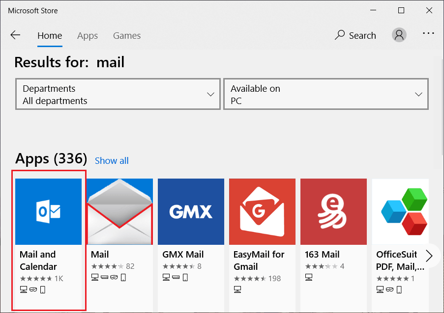 Search for Mail and Calendar app from Microsoft Store