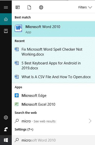 Search for Microsoft Word using search bar
