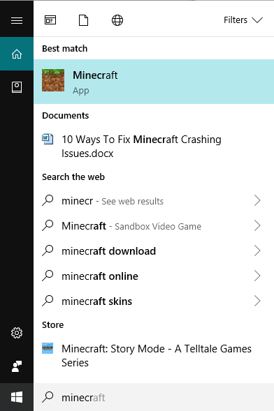 Найдите Minecraft с помощью панели поиска.