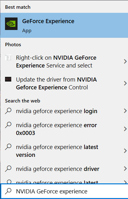 Search for NVIDIA GeForce experience in the Windows Search box