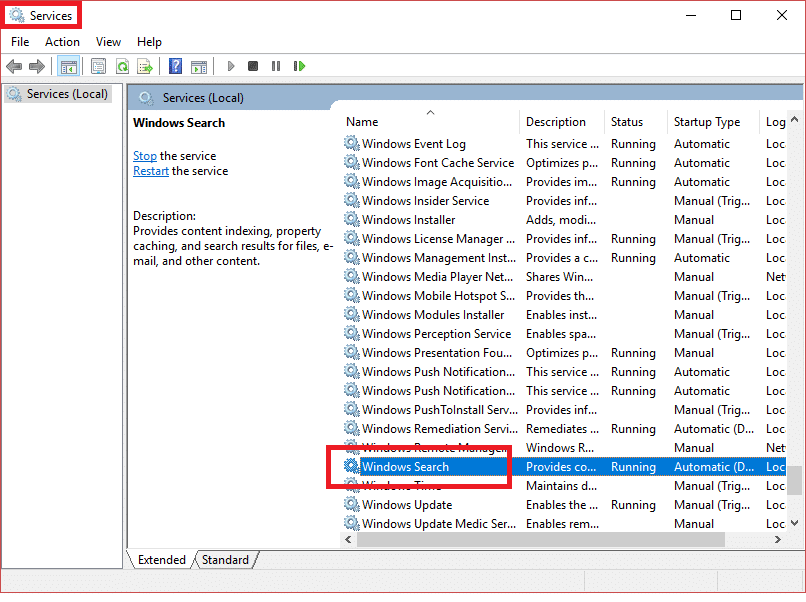 Search for Windows Search in Services window