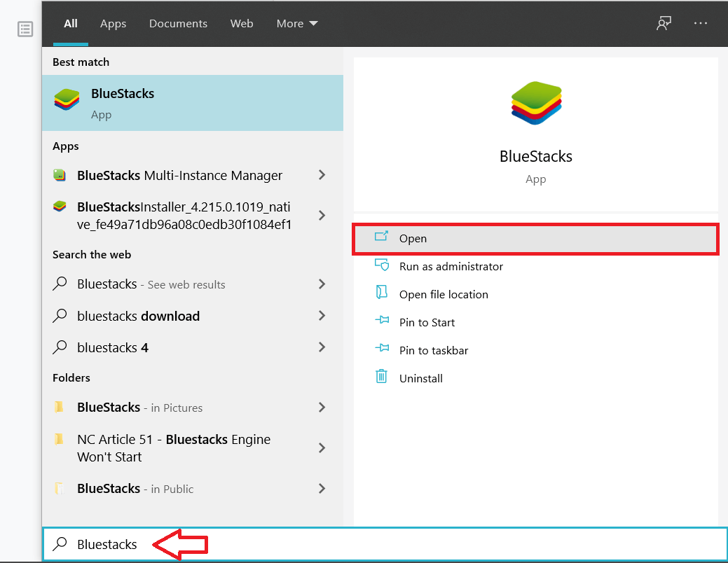 Search for the Bluestacks application in the windows search bar