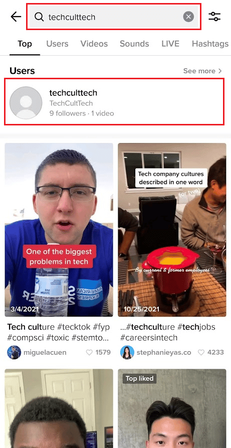 Search for the desired TikTok username - Tap on the top result under Users to see the profile | find someone's secret TikTok account