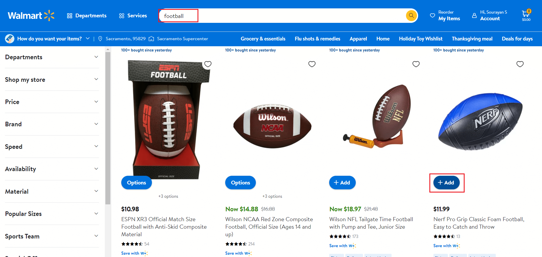 Search for the desired item and click on the Add option | place an online order from Walmart