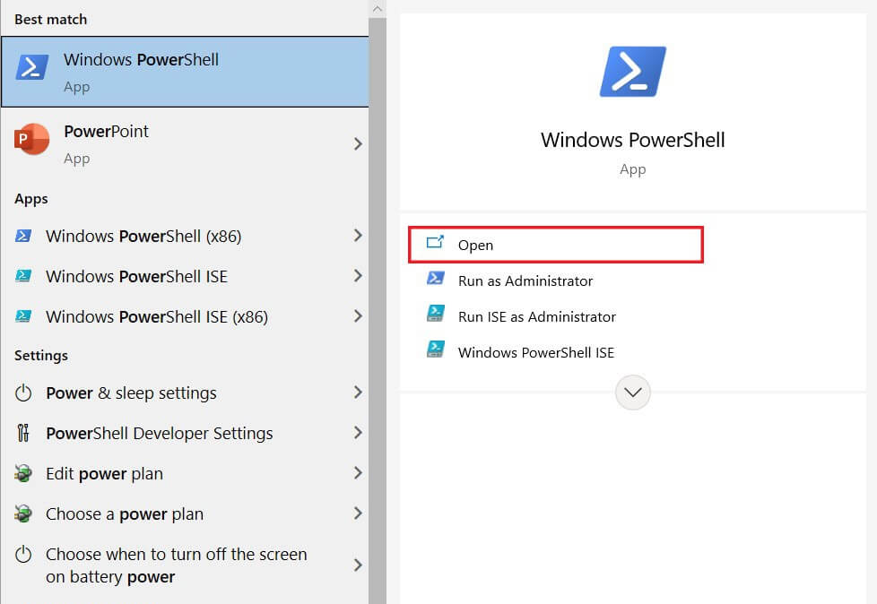 Search for ‘PowerShell’ and open the Windows PowerShell applications