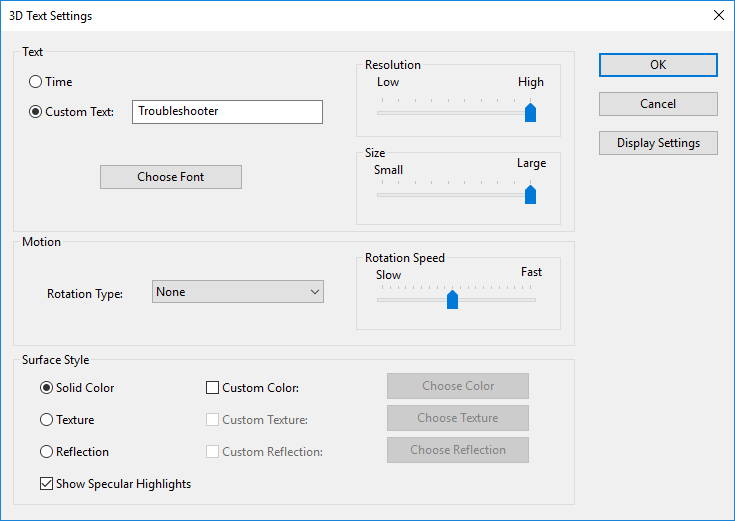 Select 3D Text then click on Settings and adjust text settings accordingly