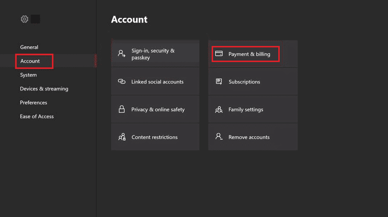 Select Account - Payment & billing | How to Change Card Details on Xbox One