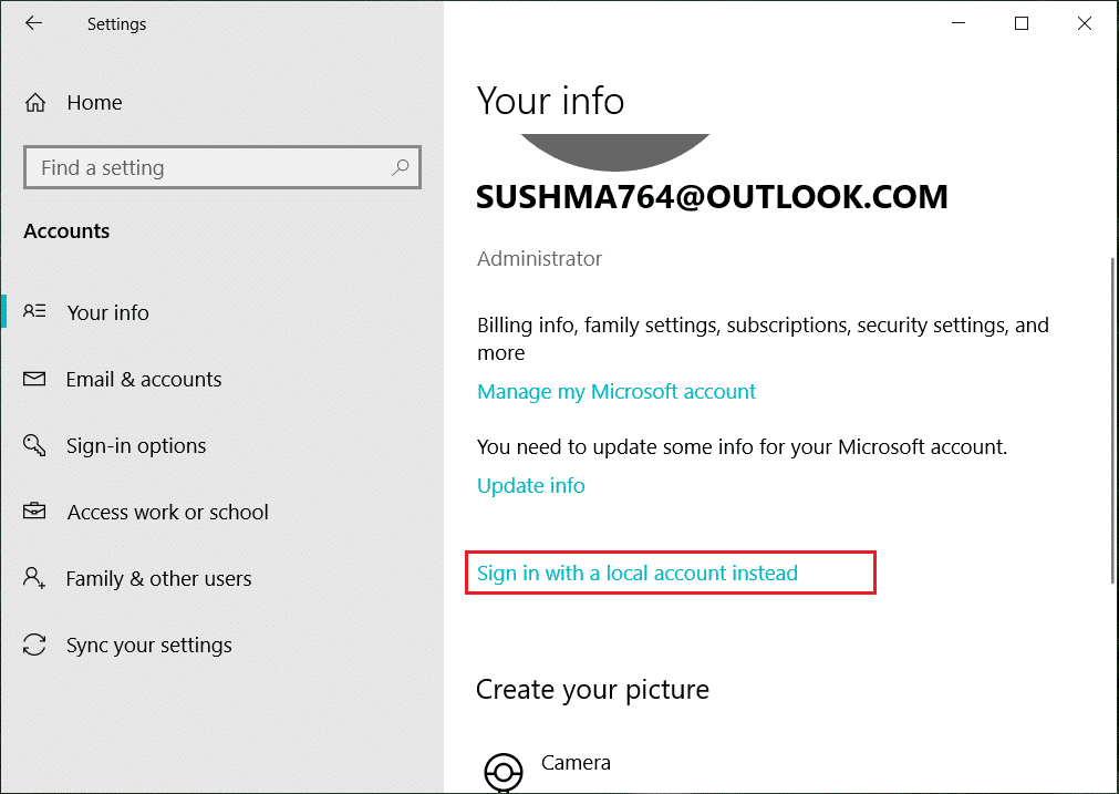 Select Account and then click on Sign in with a local account instead