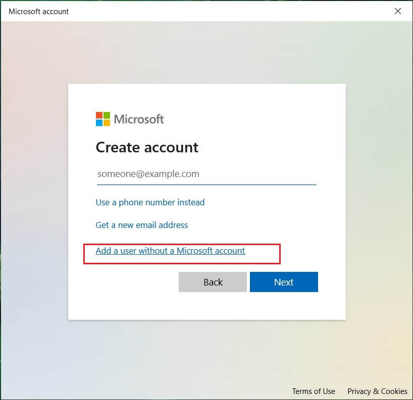 Select Add a user without a Microsoft account in the bottom