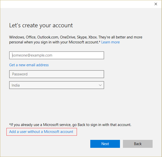 Piliin ang Magdagdag ng user na walang Microsoft account