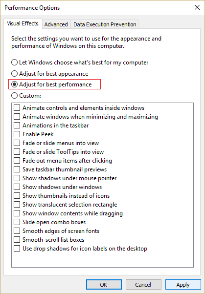 Select Adjust for best performance under Performance Options