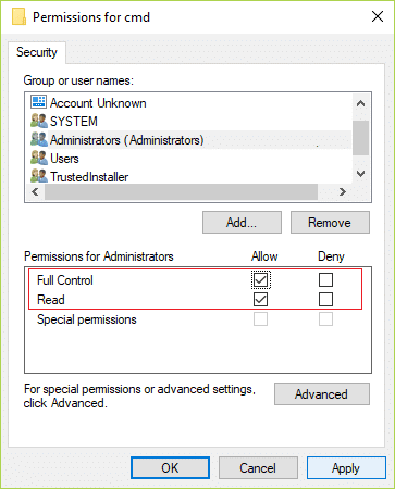 Select Administrators and then under permissions check mark Full Control