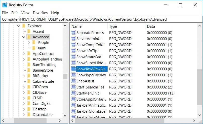 Select Advanced then in the right window double click on ShowTaskViewButton