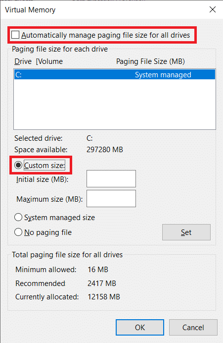 Select C drive and enable Custom size by clicking on the radio button next to it