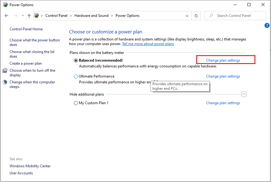 Select 'Change plan settings' beside the option of 'balanced (recommended)