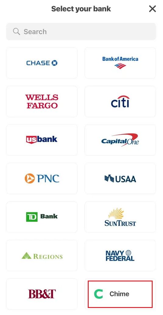 Select Chime from the available bank options | Can You Withdraw Money from Chime Cardless ATM? | transfer money from Chime to Cash App without debit card