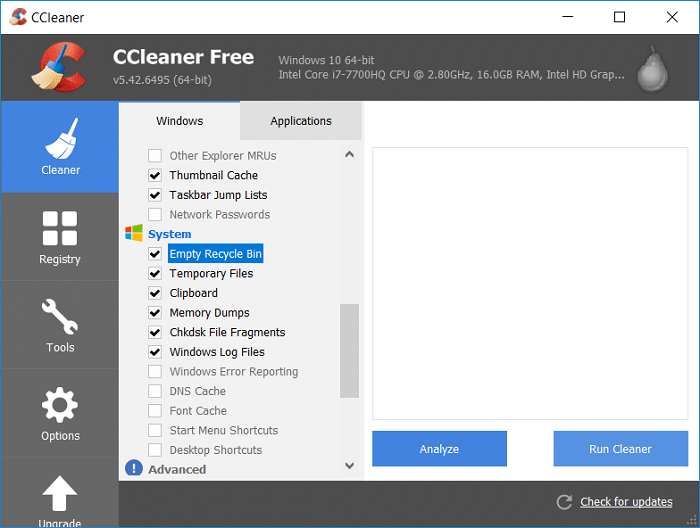 Select Cleaner then checkmark Empty Recycle Bin under System and click Run Cleaner