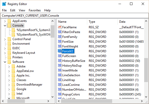 Select Console then in the right window pane scroll down to ForceV2 DWORD